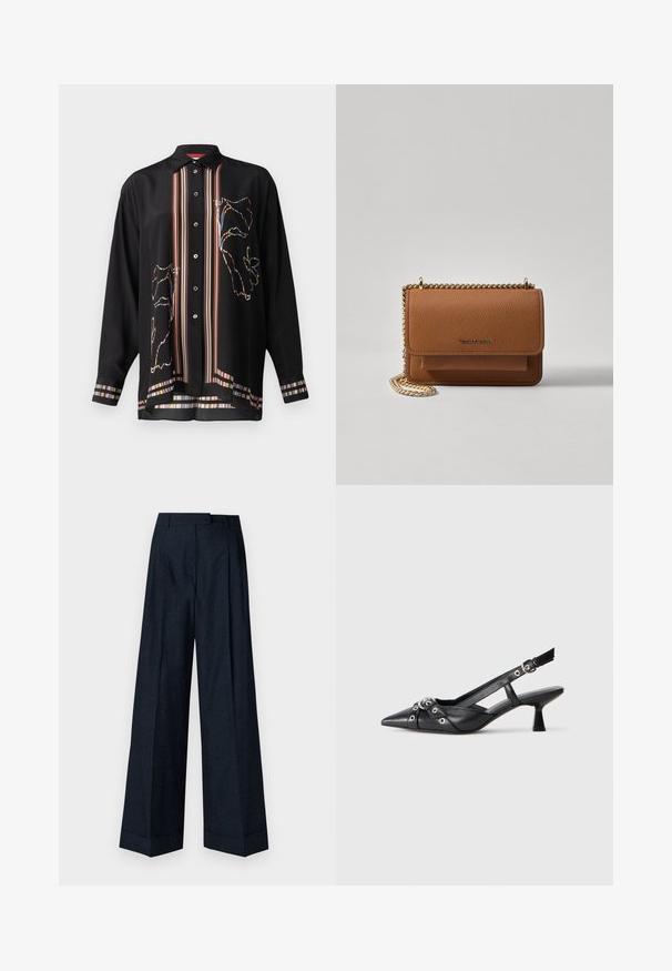 Cămașă neagră cu nasturi dintr-un material ușor, cu accente colorate în dungi și un design floral conturat pe față și pe mâneci.; Pantaloni largi de culoare bleumarin închis, cu un subtil model floral texturat, talie ajustată și mansete impecabile la margine.; Pantofii slingback din piele neagră, cu vârful ascuțit, curele decorative cu ochiuri din metal și toc bloc mic. Suprafață texturată.; Geantă crossbody din piele texturată maro, cu curea din lanț aurit și închidere cu clapetă. Partea din față prezintă detalii cu logo și o buzunar sub clapetă.