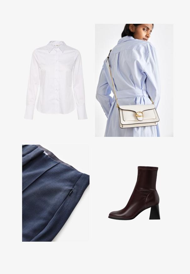 Bijela košulja s dugim rukavima s klasičnim ovratnikom, dugmadima sprijeda i ravnim rubom. Izrađena od glatkog materijala s jednostavnim dizajnom.; Navy plave hlače s teksturiranim materijalom, s bočnim džepom na zatvarač i nabranom dekoracijom na pojasu.; Stradivarius BLOCK - Klasične gležnjače - dark red; Bijela kožna torba s zlatnim detaljima, prednjim preklopom i crnim rubom, s remenom od lanca nosi se preko tijela uz svijetloplavu košulju.