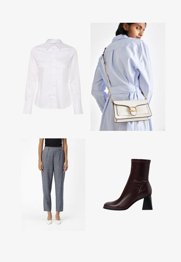 Chemise blanche à manches longues avec un col classique, une fermeture par boutons à l'avant et un ourlet droit. Fabriquée en tissu lisse avec un design épuré.; Pantalons ajustés gris avec une finition texturée, présentant une taille haute, des poches latérales et des jambes slim raccourcies. Des escarpins blancs à bout pointu complètent la tenue.; Stradivarius BLOCK - Bottines - dark red; Sac en cuir blanc avec quincaillerie dorée, un rabat à l'avant et des bords noirs, doté d'une chaîne portée en bandoulière contre une chemise bleu clair.