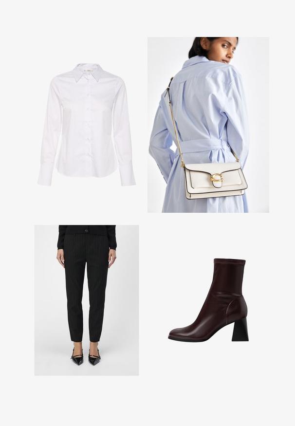 Hvid langærmet skjorte med klassisk krave, knaplukning foran og lige kant. Fremstillet af glat stof med et ensfarvet design.; Sorte stribede bukser har en skræddersyet pasform med en glat tekstur. Sæt sammen med skinnende sorte spidse hæle, der viser slanke linjer.; Stradivarius BLOCK - Støvletter - dark red; Hvid læder håndtaske med guldfarvede detaljer, en frontlås og sort kant, forsynet med en kædedyse, der bæres crossbody over en lyseblå skjorte.