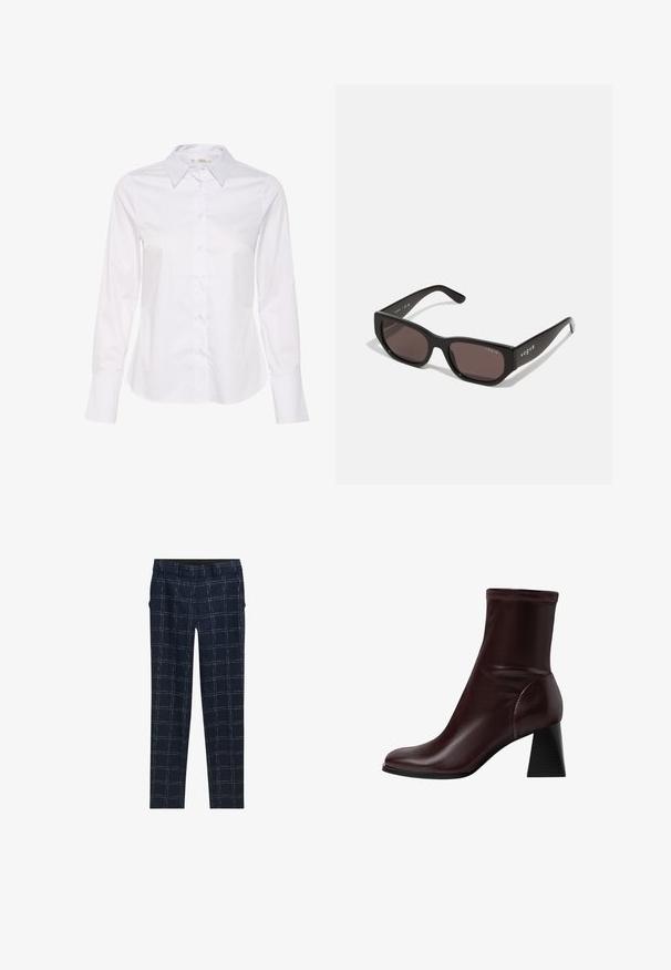 Bela srajca z dolgimi rokavi, ki ima klasičen ovratnik, gumbasto zapenjanje spredaj in ravno rob. Narejena je iz gladkega materiala in ima enostaven dizajn.; Mornarsko modri slim-fit hlače z belim karo vzorcem, zanke za pas, in stranskimi žepi, ležijo na belem ozadju.; Stradivarius BLOCK - Klasični gležnjarji - dark red; Črne pravokotne sončne očala s temnimi lečami. Imajo gladek plastičen okvir in detajl logotipa na tempeljih. Čist, sodoben dizajn.