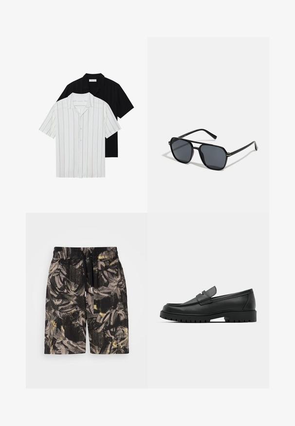 Kratke košulje s gumbima u bijeloj boji s bež prugama i potpuno crne. Obje imaju klasičan ovratnik i glatku teksturu tkanine.; Crne hlače s odvažnim, apstraktnim motivom lišća u sivoj i žutoj boji. Imaju elastičnu traku u struku i šnalu za prilagodljivo pristajanje.; Crne kožne mokasine s zaobljenim vrhom, s ušivenim dizajnom, niskom platformom i teksturiranim, gumenim potplatom s izbočinama.; Crne sunčane naočale s osmerokutnim okvirom, tamnim lećama, sjajnom završnom obradom, tankim plaštem i zlatnim detaljima na prednjem dijelu.