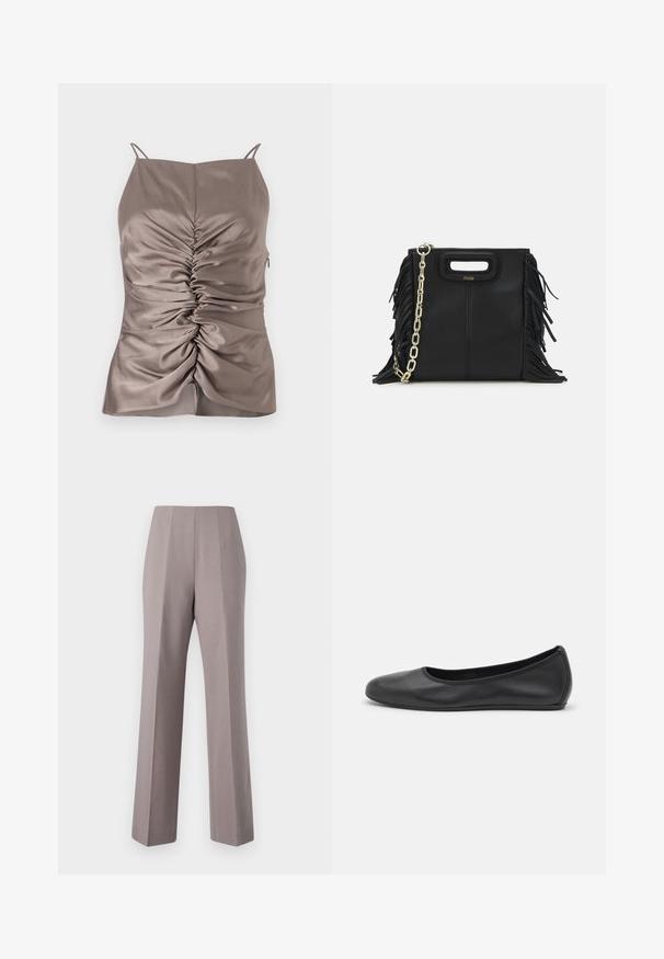 Silke taupe camise med justerbare stropper, med frontruffling og glidelås i siden, glatt tekstur og en tettsittende silhuett.; Grå skreddersydde bukser med høy midje, vide ben og skarpe frontfold. Laget av glatt stoff, med rene kanter og uten synlig metall.; Svart skinnballettflatt med rund tå, glatt tekstur, minimal sømdetalj, og et fleksibelt såledesign.; Svart læderhåndtaske med frynsedetaljer, guldkæde skulderrem og udskåret håndtag. Har logo placeret på forsiden.