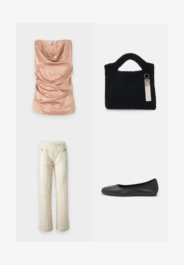 Top bez rękawów z dekoltem w kształcie komina, wykonany z miękkiego, różowego satynowego materiału, z marszczeniami po bokach i prostym wykończeniem dołu. Posiada zamek błyskawiczny z tyłu.; Puszyste, białawoszare spodnie o miękkiej teksturze, proste nogawki i ozdobne, srebrne guziki na przednich kieszeniach.; Czarne skórzane baletki z zaokrąglonym noskiem, gładką fakturą, minimalnymi przeszyciami i elastycznym designem podeszwy.; Won Hundred MARSIELLE UNISEX czarny