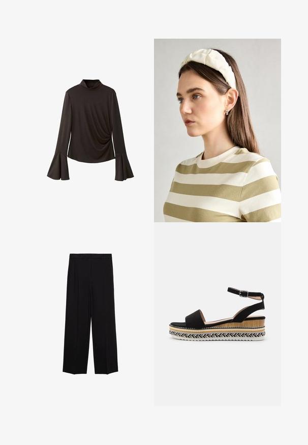 Top negru cu mânecă lungă, cu guler înalt, având mâneci evazate și detalii pliate pe lateral pentru textură. Fabricat dintr-un material elastic.; Pantaloni negri cu croială largă dintr-un material neted, cu pliseuri în față și buzunare laterale, concepuți cu o croială dreaptă și relaxată.; Sandale negre din suede, cu o curea lată, cataramă la gleznă și o talpă în trepte prezintă texturi naturale și un model împletit.; Bandă de cap din material moale, de culoare crem, cu un design răsucit, purtată alături de o bluză în dungi bej și albă, cu guler rotund. Accente discrete din bijuterii.