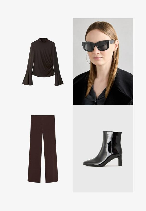 Top negru cu mânecă lungă, cu guler înalt, având mâneci evazate și detalii pliate pe lateral pentru textură. Fabricat dintr-un material elastic.; Pantaloni brown cu picioare largi, fabricați dintr-un material elastic. Prezintă o textură netedă și un design simplu, curat, fără embellishments suplimentare.; Botine negre din piele lacuită, cu vârful ascuțit și toc bloc de înălțime medie. Textură netedă și design minimalist.; Ochelari de soare negri tip cat-eye cu lentile întunecate, rame groase și accente subtile. Purtați cu o haină neagră și un top gri, având părul lung și drept.