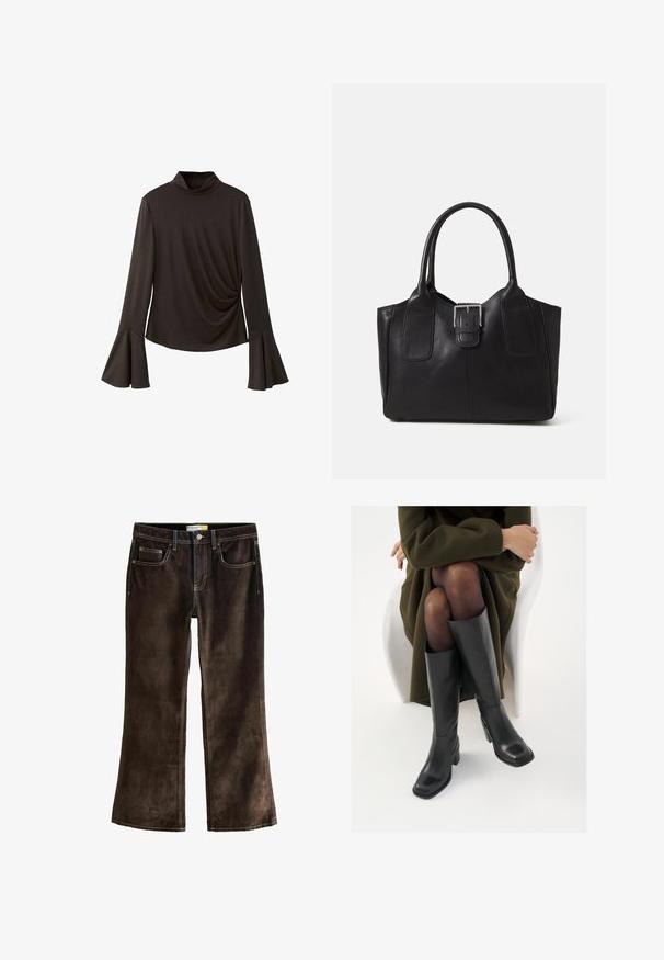Top nero a maniche lunghe con un collo alto, dotato di maniche svasate e dettagli arricciati sui lati per un tocco di texture. Realizzato in tessuto elastico.; Jeans bootcut in corduroy marrone con cuciture gialle a contrasto, cinque tasche e chiusura con bottone in vita.; Stivali neri in pelle alti fino al ginocchio con punta squadrata e tacco a blocco, mostrati con un modello seduto in un cappotto verde oliva. Texture liscia, dettagli minimi.; Borsa tote in pelle nera con texture liscia, forma strutturata, due manici e un evidente dettaglio in fibbia argentata sul davanti.
