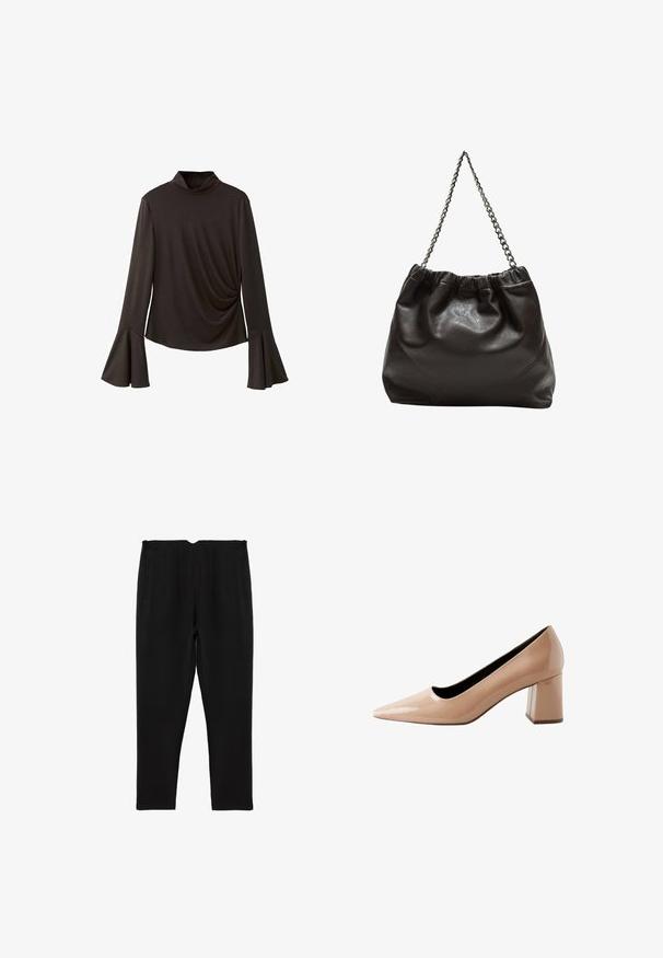 Haut noir à manches longues avec un col haut, présentant des manches évasées et un détail froncé sur le côté pour ajouter de la texture. Fabriqué en tissu extensible.; Pantalon noir au design ajusté, avec une taille plate, deux poches latérales et des plis à l'avant, fabriqué à partir d'un tissu lisse.; Pompe en cuir verni nude avec un bout pointu et un talon bloc, présentant une surface lisse et brillante ainsi qu'un design épuré et minimaliste.; Sac en cuir marron avec un haut froncé et une bandoulière en chaîne. Texture lisse avec une finition brillante et des coutures subtiles sur les côtés.