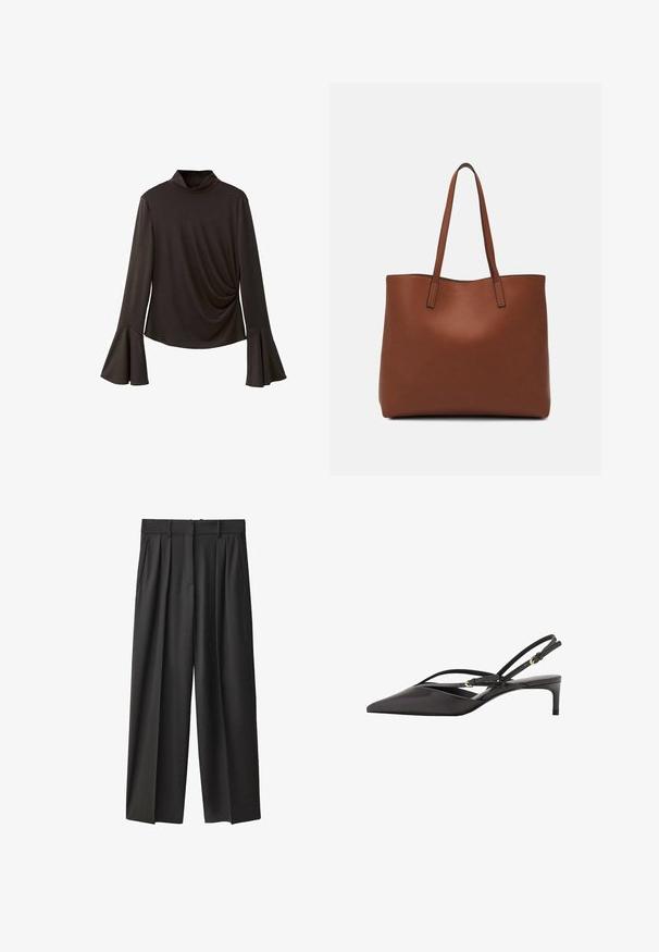 Black long-sleeve top with a high collar, featuring flared sleeves and gathered side detail for texture. Made from stretchy fabric.; Black, wide-leg trousers made from a smooth fabric. Features a high waist, belt loops, and front pleats for added structure.; Black leather slingback pump with a pointed toe, slender ankle straps, and a low stiletto heel. Smooth texture with minimalistic design.; Brown leather tote bag with a smooth texture, open top design, and two shoulder straps. Features minimal stitching and no visible hardware.
