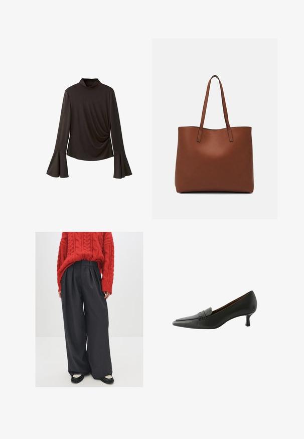 Haut noir à manches longues avec un col haut, présentant des manches évasées et un détail froncé sur le côté pour ajouter de la texture. Fabriqué en tissu extensible.; Pull en maille rouge avec un pantalon large taille haute gris foncé et des ballerines noires avec des accents crème. Tricot texturé et plis visibles.; Chaussure à talons en cuir noir avec un bout pointu et une sangle décorative. Dotée d'un talon stiletto bas et d'une texture lisse.; Sac fourre-tout en cuir marron avec une texture lisse, design à ouverture supérieure et deux poignées pour le porter à l'épaule. Présente des coutures minimales et aucun matériel visible.