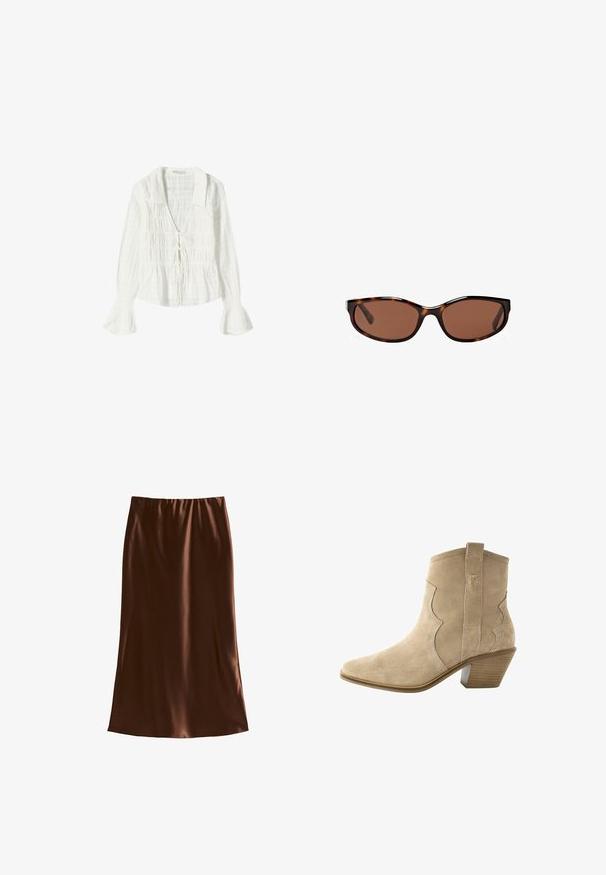 White long-sleeve blouse featuring a textured fabric, a V-neck with a tie detail, and flared cuffs for added design.; Brown satin midi skirt with an elastic waistband, smooth texture, and a straight silhouette, designed for a relaxed fit.; Beige suede ankle boot with a pointed toe, scalloped design, pull tab, and a stacked heel, featuring a textured sole for grip.; Tortoiseshell sunglasses with brown lenses, sleek oval shape, and glossy finish. Features subtle silver accents on the frames.