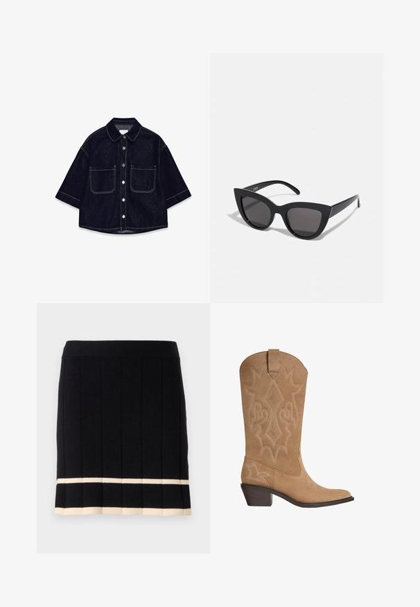 Chemise en denim foncé à manches courtes, avec deux poches plaquées à l'avant, des coutures blanches et un col arrondi.; Jupe noire en tricot avec des côtes verticales, présentant une bande crémeuse contrastante au bas de l'ourlet. Taille élastique. Design classique.; Botte de cowboy en suède tan avec broderies décoratives, talon empilé de hauteur moyenne et tirant sur la tige.; Lunettes de soleil noires en forme d'œil de chat avec une finition mate, dotées de verres teintés gris, d'angles aigus et de branches élégantes. Nom de la marque visible sur la branche intérieure.; Zign LEATHER - Cabas - light brown