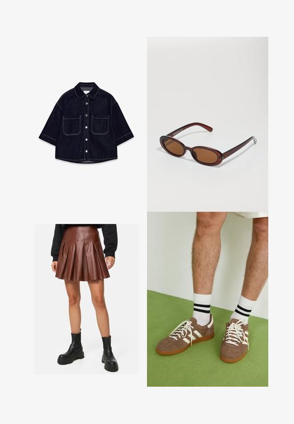 Donkerdenim overhemd met korte mouwen, twee voorzakken met flappen, witte stiksels en een afgeronde kraag.; Bruine geplooide faux leren rok met een aansluitende tailleband, gelaagd ontwerp en een gladde textuur, gecombineerd met zwarte chunky enkellaarzen.; Bruine suède sneakers met witte accenten en veters. Rubberen gumzool. Draag met witte sokken met zwarte strepen. Groene gestructureerde vloer.; Ronde, bruin getinte zonnebril met een glanzend bordeauxrood frame. Slanke pootjes met subtiele merkdetails. Vlakke lensontwerp.; Bruine geweven leren handtas met een slonzig, driehoekig model. Voorzien van een gevlochten handvat en een ritssluiting aan de bovenkant.