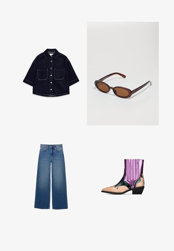 Dark denim button-up shirt with short sleeves, two front patch pockets, white stitching, and a rounded collar.; Wide-leg blue jeans made of denim, featuring a high waist, stitched accents, and a simple design with a slight fade effect.; Western-style ankle boot in black, metallic purple, and nude colors. Features pointed toe, block heel, decorative cutouts, and vertical ribbed accents.; Round, brown-tinted sunglasses with a glossy burgundy frame. Slim arms with subtle branding detail. Flat lens design.; Brown woven leather handbag with a slouchy, triangular shape. Features a braided handle and a zipper closure along the top.