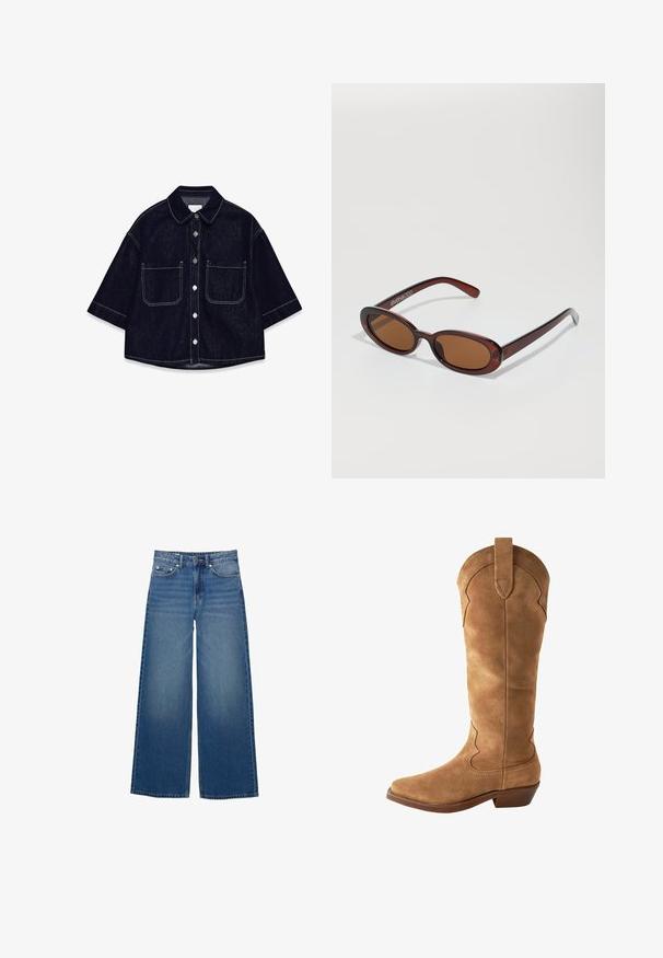 Mørk denim skjorte med kortærmer, to forreste stiklommer, hvide syninger og en afrundet krave.; Bredde ben blå jeans lavet af denim, med høj talje, syede detaljer og et enkelt design med en let falmende effekt.; Brun ruskind knæhøje støvler med spids tå, buet top silhuet og lille hæl. Har dekorativ syning langs siderne.; Runde, bruntonede solbriller med en glansfuld bordeauxramme. Slanke arme med diskret brandingdetalje. Flad linsedesign.; Brun vævet læderhandbag med en slasket, trekantet form. Har et flettet håndtag og en lynlåslukning langs toppen.