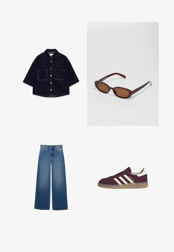 Donkerdenim overhemd met korte mouwen, twee voorzakken met flappen, witte stiksels en een afgeronde kraag.; Wijde blauwe denim jeans met een hoge taille, gestikte accenten en een eenvoudig ontwerp met een lichte vervagingseffect.; Bordeauxsuède sneaker met witte drie strepen en beige accenten. Voorzien van een gestructureerde rubberen zool en gouden branding aan de zijkant.; Ronde, bruin getinte zonnebril met een glanzend bordeauxrood frame. Slanke pootjes met subtiele merkdetails. Vlakke lensontwerp.; Bruine geweven leren handtas met een slonzig, driehoekig model. Voorzien van een gevlochten handvat en een ritssluiting aan de bovenkant.