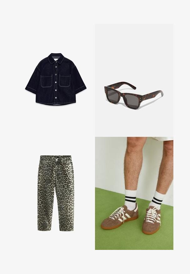 Mørk denim skjorte med kortærmer, to forreste stiklommer, hvide syninger og en afrundet krave.; Leopard print denimjeans med høj talje og lige ben, der har mørke og lyse beige mønstre, fem-lomme design og metalhardware.; Brune ruskind sneakers med hvide detaljer og snørebånd. Gummisål i naturgummi. Båret med hvide sokker med sorte striber. Grøn struktureret gulv.; Skildpaddemønstrede solbriller med mørke linser, firkantet stel og sølvfarvede nitter foran. Lavet af plastik, lette og holdbare.; Brun vævet læderhandbag med en slasket, trekantet form. Har et flettet håndtag og en lynlåslukning langs toppen.
