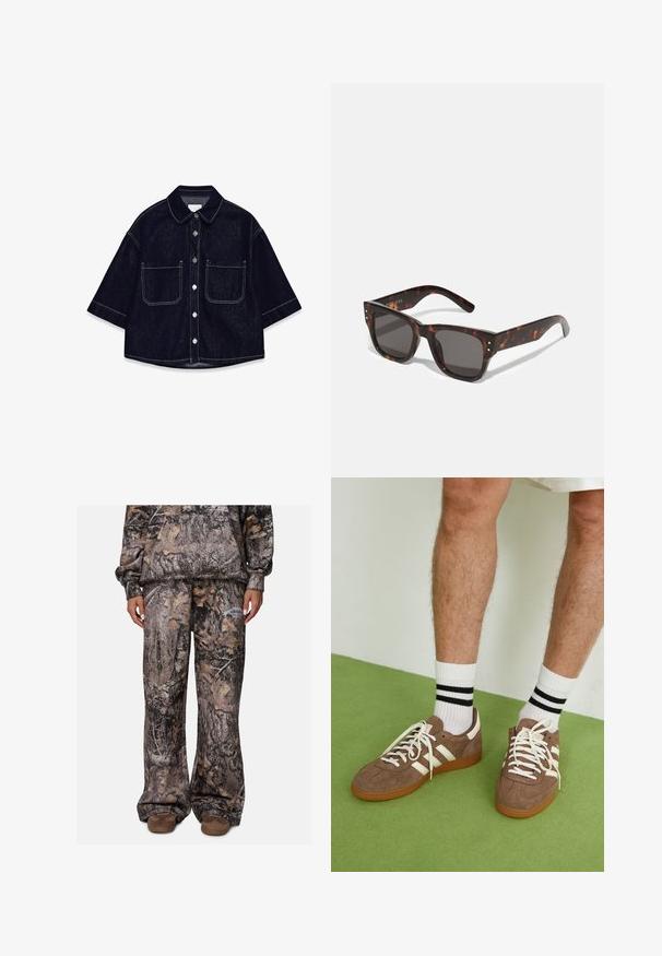Donkerdenim overhemd met korte mouwen, twee voorzakken met flappen, witte stiksels en een afgeronde kraag.; Camo-patroon joggingbroek met een losse pasvorm, gemaakt van een zachte stof in tinten bruin, grijs en beige. Inclusief zijzakken.; Bruine suède sneakers met witte accenten en veters. Rubberen gumzool. Draag met witte sokken met zwarte strepen. Groene gestructureerde vloer.; Tortoise shell zonnebril met donkere lenzen, vierkant montuur en zilveren accentstuds aan de voorkant. Gemaakt van kunststof, lichtgewicht en duurzaam.; Bruine geweven leren handtas met een slonzig, driehoekig model. Voorzien van een gevlochten handvat en een ritssluiting aan de bovenkant.
