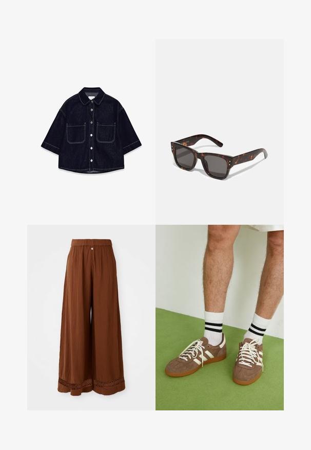 Camicia in denim scuro con maniche corte, due tasche a toppa frontali, cuciture bianche e colletto arrotondato.; Pantaloni larghi marroni realizzati in tessuto texturizzato, con una vita arricciata e dettagli in pizzo all'orlo.; Sneaker in suede marrone con dettagli e lacci bianchi. Suola in gomma color gomma. Indossati con calzini bianchi con righe nere. Pavimento verde texturizzato.; Occhiali da sole tartaruga con lenti scure, montatura quadrata e borchie argentate nell'anteriore. Realizzati in plastica, leggeri e resistenti.; Borsa a tracolla in pelle intrecciata marrone con una forma triangolare morbida. Presenta una maniglia intrecciata e una chiusura con zip lungo la parte superiore.