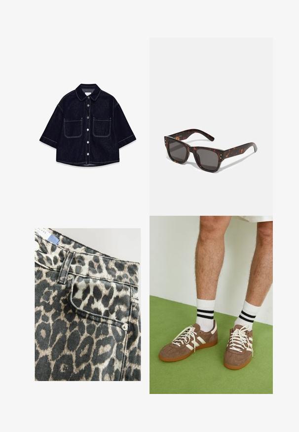 Mörk denimskjorta med korta ärmar, två framfickor, vit sömnad och en rundad krage.; Leopardmönstrade jeansshorts med en strukturerad midja, framfickor, svart och beige färgschema, avslutade med silverfärgad knappdetalj.; Bruna mockaskor med vita detaljer och snören. Gummisula i beige. Bärs med vita strumpor med svarta ränder. Grön strukturerad golvyta.; Solfjädrade solglasögon i sköldpaddsdesign med mörka linser, fyrkantig ram och silverdetaljer på framsidan. Tillverkade i plast, lätta och hållbara.; Brun vävd läderhandväska med en slapp, triangulär form. Har ett flätat handtag och en dragkedjestängning längs toppen.