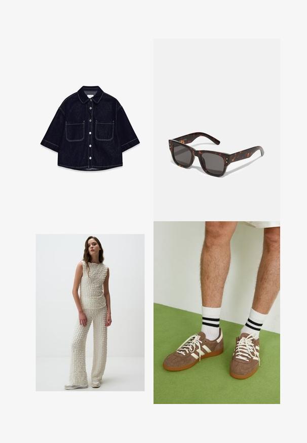 Dark denim button-up shirt with short sleeves, two front patch pockets, white stitching, and a rounded collar.; White textured knit outfit featuring a sleeveless top and wide-leg pants. Fabric has a raised pattern, complemented by light-colored footwear.; Brown suede sneakers with white accents and laces. Rubber gum sole. Worn with white socks featuring black stripes. Green textured flooring.; Tortoiseshell sunglasses with dark lenses, square frame, and silver accent studs on the front. Made of plastic, lightweight and durable.; Brown woven leather handbag with a slouchy, triangular shape. Features a braided handle and a zipper closure along the top.