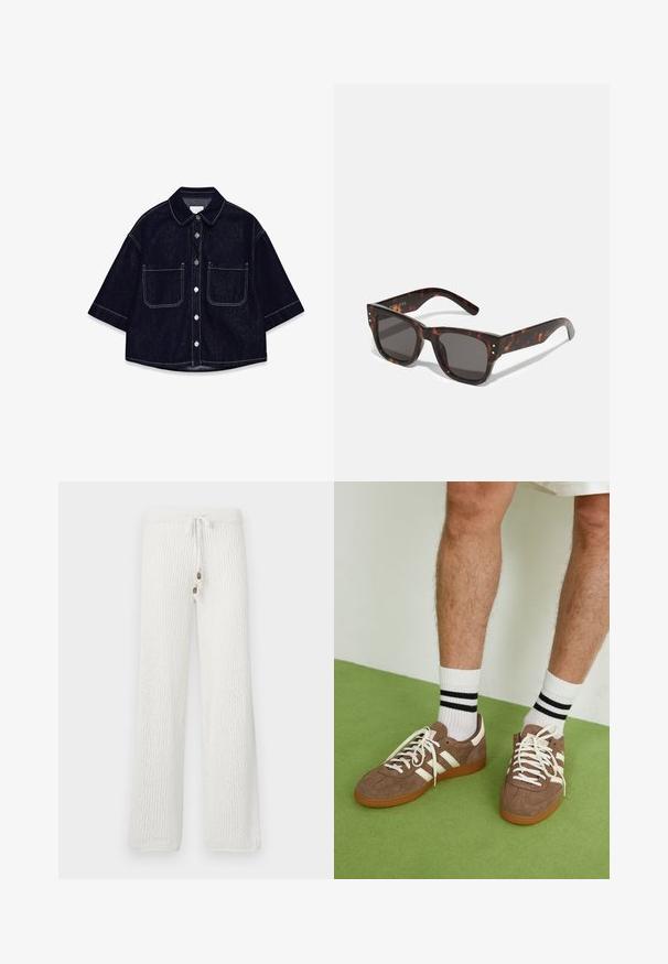 Mørk denim skjorte med kortærmer, to forreste stiklommer, hvide syninger og en afrundet krave.; Hvide strikkede loungbukser med et tekstureret mønster, der har en snor i taljen og to dekorative knapper foran.; Brune ruskind sneakers med hvide detaljer og snørebånd. Gummisål i naturgummi. Båret med hvide sokker med sorte striber. Grøn struktureret gulv.; Skildpaddemønstrede solbriller med mørke linser, firkantet stel og sølvfarvede nitter foran. Lavet af plastik, lette og holdbare.; Brun vævet læderhandbag med en slasket, trekantet form. Har et flettet håndtag og en lynlåslukning langs toppen.