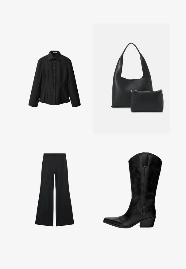 Črna srajca s kragnico, dolgimi rokavi in krojem, ki se prilega. Narejena iz gladkega materiala z čistim zaključkom in diskrétnimi podrobnostmi šivov.; Črne široke hlače z gladko teksturo, ki imajo sprednje nabore in kroj po meri. Tkanina je lahka in zračna.; Črne usnjene kavbojske čevlje z ostrim nosom, srednjim peto, dekorativnim stikom in zanko za enostavno obuvanje. Gladka tekstura in visok ose.; Even&Odd Torbica - black