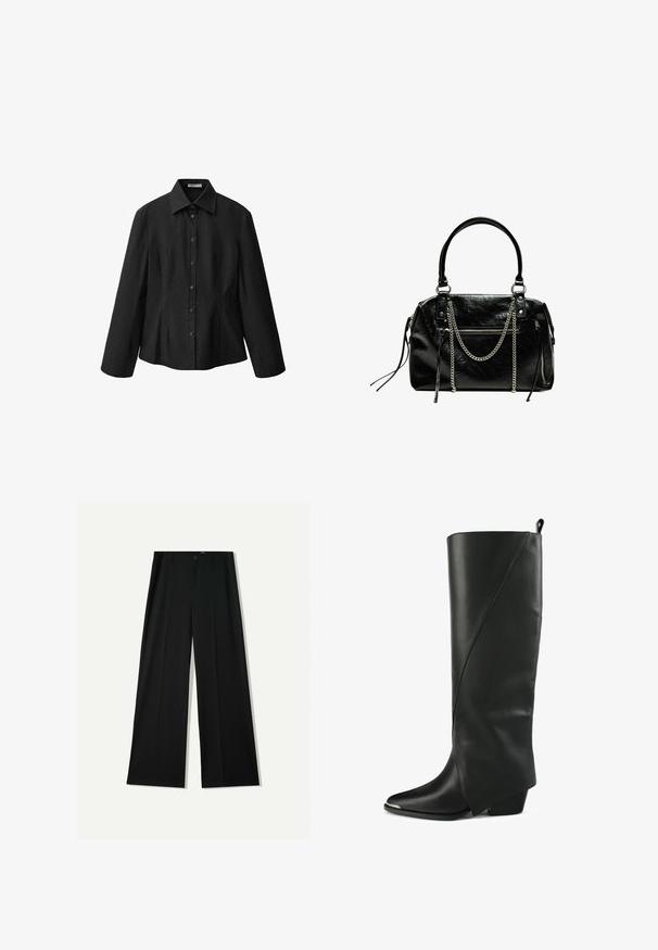 Schwarzes Hemd mit Knöpfen und Spread-Kragen, langen Ärmeln und taillierter Form. Hergestellt aus glattem Stoff mit einem sauberen Finish und dezenten Nahtdetails.; Bershka WIDE - Stoffhose - black; Schwarze Lederstiefel bis zum Knie mit spitzem Absatz, kantigem Design, geschwungenen Nahtdetails und niedrigem Blockabsatz.; Bershka WITH CHAIN - Handtasche - black