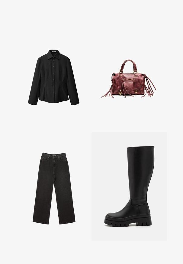 Crna košulja s dugim rukavima i raširenim ovratnikom, krojena u obliku koji ističe figuru. Izrađena od glatkog materijala s čistim završetkom i suptilnim detaljima šavova.; Crne široke traperice izrađene od denima, s malim točkastim uzorcima, klasičnim dizajnom s pet džepova i zatvaranjem na gumbe i zatvarač.; Even&Odd Čizme s platformom - black; Bordo kožni ručni uzica s pletenim drškama, resicama i zlatnim detaljima. Sadrži prednju zatvorenu džepicu i teksturiranu površinu.