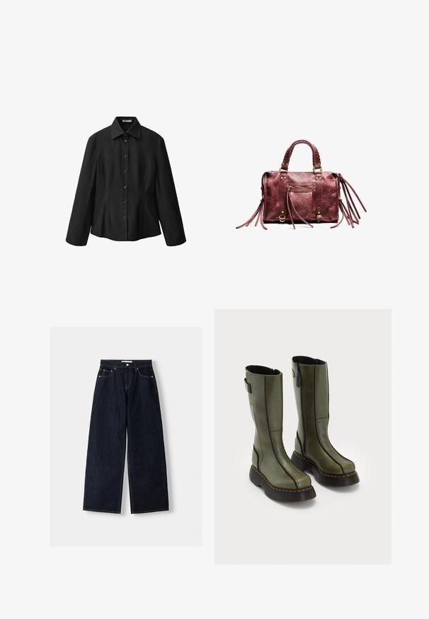 Black button-up shirt with a spread collar, long sleeves, and a tailored shape. Made of smooth fabric with a clean finish and subtle seam details.; Dark blue denim wide-leg jeans with a high waist, five pockets, contrast stitching, and silver metal hardware. Smooth texture and clean finish.; Pair of olive green mid-calf leather boots with black thick soles and orange stitching, featuring side zippers and a strap detail on the upper back.; Maroon leather handbag with braided handles, fringe accents, and gold hardware. Features a front zip pocket and textured surface.