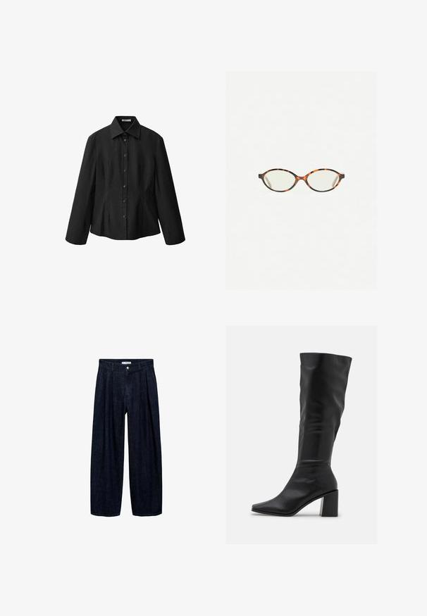 Černá košile na knoflíky s rozšířeným límcem, dlouhými rukávy a upraveným střihem. Vyrobena z hladké tkaniny s čistými detaily a jemnými švy.; Tmavě modré rozšířené kalhoty z denimu s přehyby v pase, vybavené předním knoflíkem a poutky na opasek. Hladká textura a design v plné délce.; RAID BLICK - Vysoká obuv - black; Želvovinové brýle s oválnými čočkami a hladkým, jemným povrchem. Má tenké bočnice s jemným zakřivením v chrámcích. Čiré čočky.; Černá kožená kabelka s pletenými rukojetmi, kapsou na zip a visícími třásněmi. Texturovaný povrch s kovovými hroty a kovovými akcenty.