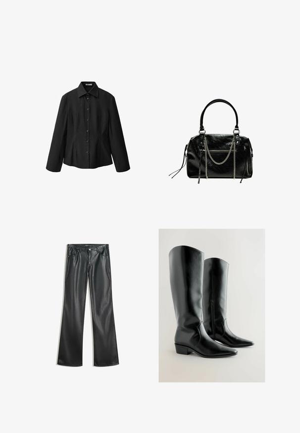 Cămașă neagră cu nasturi, guler deschis, mâneci lungi și o croială ajustată. Fabricată dintr-un material neted, cu un finisaj curat și detalii discrete de cusătură.; Pantaloni flared din piele ecologică neagră, cu o textură netedă, design cu cinci buzunare, fermoar frontal și cusături contrastante.; Ghete negre până la genunchi, din piele sintetică lucioasă. Vârfuri ascuțite cu un toc mic și fermoar lateral pentru o îmbrăcare ușoară. Textură netedă.; Bershka WITH CHAIN - Geantă de mână - black