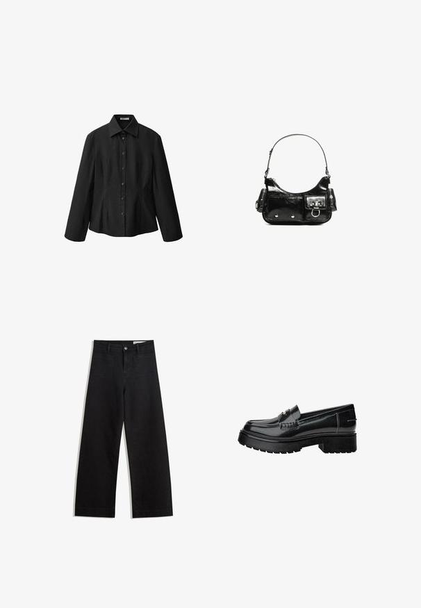 Svart skjorta med knappar och spridd krage, långa ärmar och skräddarsydd passform. Tillverkad av ett slätt tyg med en ren finish och subtila sömnadsdetaljer.; Svarta vida denimbyxor med hög midja, med fram- och bakfickor, sydda sömmar och knappstängning. Slät textur.; Svarta lackläder loafers med en kraftig sula, som har ett dekorativt rem och subtila sömnadsdetaljer. Gummitextur på yttersulan.; Svart lackläderhandväska med en rundad form, en axelrem, framfickor och detaljer i silverfärg.