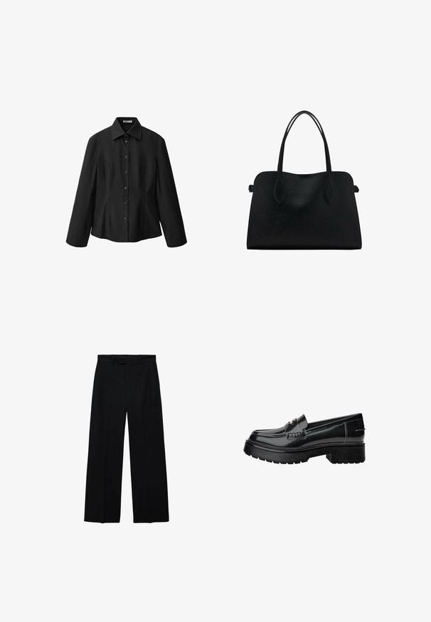 Schwarzes Hemd mit Knöpfen und Spread-Kragen, langen Ärmeln und taillierter Form. Hergestellt aus glattem Stoff mit einem sauberen Finish und dezenten Nahtdetails.; Schwarze hochtaillierte Weitbeinhosen mit Gürtelschlaufen und seitlichen Taschen, ausgestattet mit einem Reißverschluss und Knopfverschluss vorne.; Schwarze Lacklederschlüpfer mit einer klobigen Sohle, ausgestattet mit einem dekorativen Riemen und subtilen Nähten. Gummierte Textur auf der Außensohle.; Schwarze Lederhandtasche mit zwei Schulterriemen, rechteckiger Form und minimalistischem Design auf weißem Hintergrund.