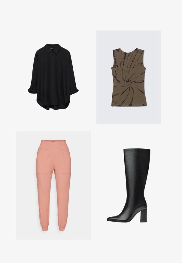 Črna dolgorasna srajca z gumbi in koničastim ovratnikom, udobnega kroja, z zavihanimi rokavi in rahlo zaobljenim robom, izdelana iz gladkega materiala.; Rjava brezrokavnik s tie-dye vzorcem, ki vsebuje črne spirale. Narejen iz mehke tkanine, ima okroglo ovratnik in prilegajočo se obliko.; Roza trenirka iz mehkega blaga. Ima elastičen pas, dve sprednji žepki in zožene manšete pri gležnjih.; Črne škornje do kolen iz umetnega usnja s koničastim nosom, gladko teksturo in debelim blok peto. Minimalistična zasnova brez vidnih dodatkov.