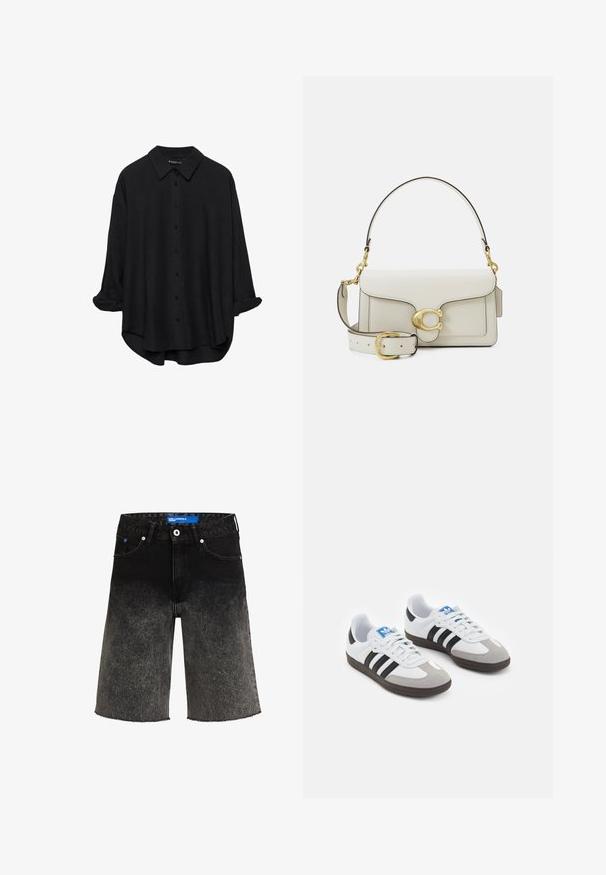 Črna dolgorasna srajca z gumbi in koničastim ovratnikom, udobnega kroja, z zavihanimi rokavi in rahlo zaobljenim robom, izdelana iz gladkega materiala.; Črne denim kratke hlače z gradientnim prehodom od temne do svetle barve. Imajo strgano spodnje robove, dve sprednji žepki in modro blagovno oznako na pasu.; Športni čevlji z belim usnjenim zgornjim delom, sivim semišem na prstih in tremi črnimi črtami. Imajo modro logo na jeziku in teksturiran gumijast podplat.; Bela usnjena torbica z zlatimi kovinskimi detajli, z zaponko na preklop in odstranljivim, nastavljivim trakom. V sredini okrogel kovinski okrasek.