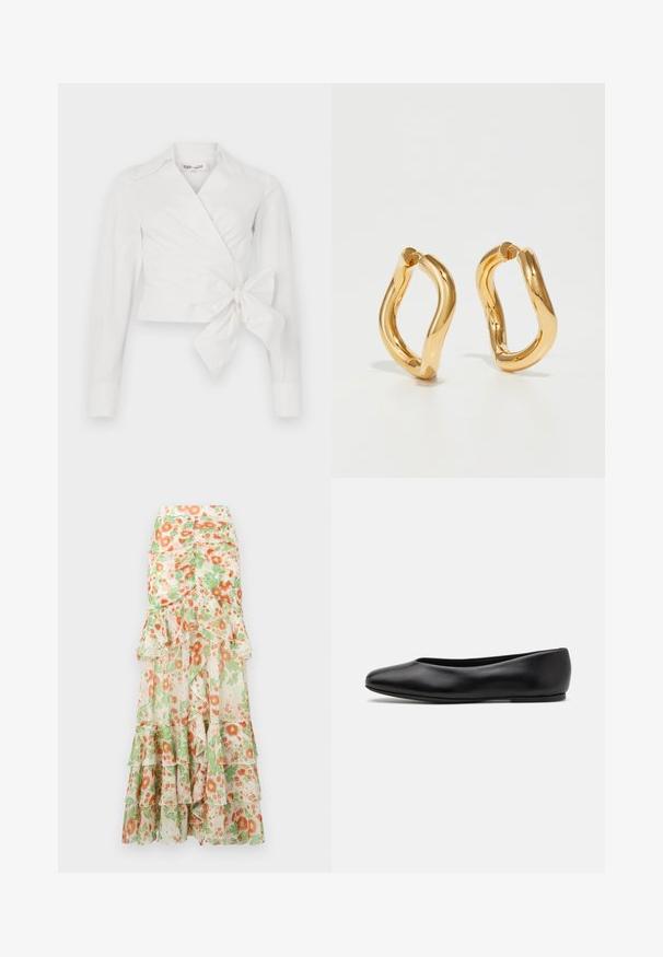 White wrap blouse with long sleeves, collar, and front tie detail. Made from smooth fabric with a slightly structured design.; Floral maxi skirt featuring a cream background, orange and green flower print, ruffled layers, and a fitted waist design.; Paul Smith TOPANGA - Ballet pumps - black; Gold-colored hoop earrings with a curved, irregular shape and a smooth, polished texture. No visible hardware or accents.