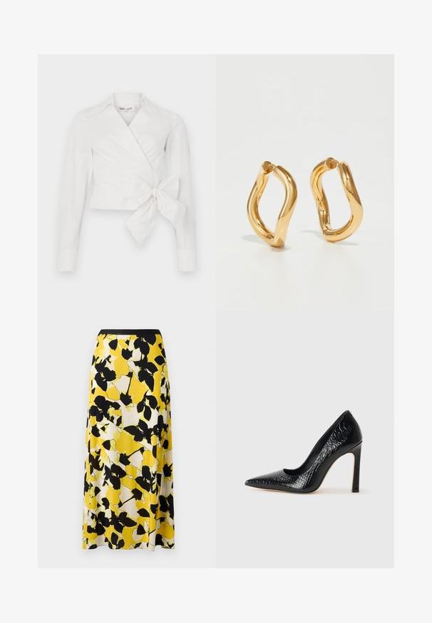Blouse blanche à manches longues, col et détail de nœud à l'avant. Fabriquée en tissu lisse avec un design légèrement structuré.; Jupe florale jaune avec des motifs de feuilles noirs et blancs, en tissu fluide, et une taille noire ajustée. Silhouette en A.; Escarpin noir à bout pointu avec texture en cuir de crocodile, présentant un design élégant, un haut talon aiguille et un intérieur noir lisse.; Boucles d'oreilles en forme de cerceau de couleur dorée avec une forme courbée et irrégulière et une texture lisse et polie. Aucun matériel ou accent visible.