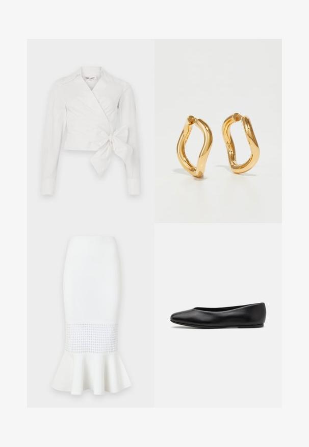 Bijela bluzica s dugim rukavima, kragnom i detaljem s prednje strane koji se veže. Izrađena od glatkog materijala s blagim strukturnim dizajnom.; Bijela midi suknja od rebraste tkanine, s mrežastim panelom na rubu i raširenim dnom. Glatka tekstura s kružnim izrezima.; Paul Smith TOPANGA - Balerinke - black; Zlatne naušnice-krugovi s zakrivljenim, nepravilnim oblikom i glatkom, poliranom teksturom. Nema vidljive mehanike ili detalja.