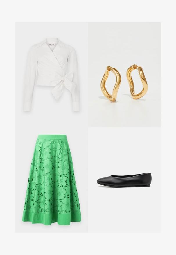 Bela bluzica s zavojem, dolgimi rokavi, ovratnikom in detajlom vezanja spredaj. Narejena iz gladkega blaga z rahlo strukturiranim dizajnom.; Zelena krila s cvetnimi izrezljanimi vzorci, gladko teksturo in prilegajočim se pasom. Rob je enoten in rahlo razširjen.; Paul Smith TOPANGA - Balerinke - black; Zlate uhane iz krogov s krivuljasto, nepravilno obliko in gladko, polirano površino. Brez vidnih dodatkov ali okrasitev.