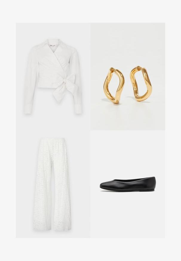 White wrap blouse with long sleeves, collar, and front tie detail. Made from smooth fabric with a slightly structured design.; White wide-leg pants with an elastic waistband, featuring a textured, floral lace pattern throughout the fabric.; Paul Smith TOPANGA - Ballet pumps - black; Gold-colored hoop earrings with a curved, irregular shape and a smooth, polished texture. No visible hardware or accents.