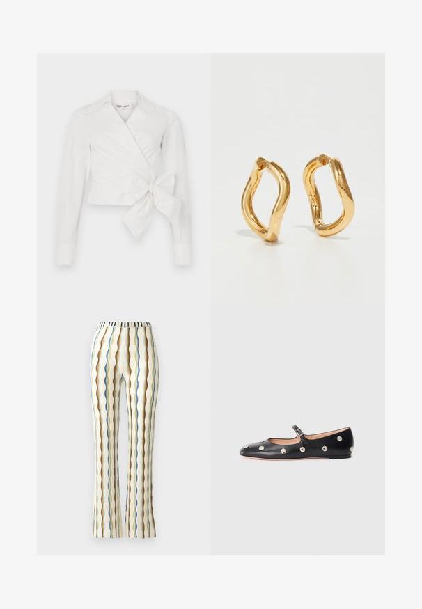 Weiße Wickelbluse mit langen Ärmeln, Kragen und Frontbindedetail. Hergestellt aus glattem Stoff mit einem leicht strukturierten Design.; Weite Hosen aus einem strukturierten Stoff mit vertikalen Streifen in Blau, Braun, Grün und Gelb, ausgestattet mit einem gestreiften Bund.; Schwarze Leder-Mary-Jane-Ballenflats mit runder Zehenform, ausgestattet mit silbernen runden Nieten und einem verstellbaren Riemen mit Schnalle.; Goldfarbene Creolen mit einer kurvenreichen, unregelmäßigen Form und einer glatten, polierten Oberfläche. Keine sichtbaren Beschläge oder Accents.