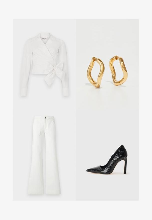 Balta wrap tipo bluzelė su ilgomis rankovėmis, apykakle ir priekinėmis surišimo detalėmis. Pagaminta iš lygaus audinio su šiek tiek struktūrizuotu dizainu.; Balti platėjančios kelnės, pagamintos iš audinio, su pintu diržu, dviem priekinėmis kišenėmis ir lygiu paviršiumi. Uždarytos juodu mygtuku.; Juoda smailiakulnė aukšto kulno bateliai su krokodilo odos tekstūra, pasižymintys elegantišku dizainu, aukštu stiletu kulnu ir lygia juoda vidine dalimi.; Auksinės spalvos lankinės auskarai su kreiviu, nereguliariu siluetu ir sklandžiu, blizgiu paviršiumi. Nėra matomų detalių ar akcentų.