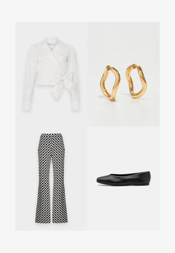 Valkoinen kietaisuoplus, jossa on pitkät hihat, kaulus ja etuosan solmukohta. Valmistettu sileästä kankaasta, jossa on hieman jämäkkä muotoilu.; Mustavalkoiset kuvioidut kellohousut, joissa on geometrinen kuosi, sileä pinta ja korkea vyötärö, ja jotka ulottuvat lattiaan saakka.; Paul Smith TOPANGA - Ballerinat - black; Kullanışlı ve pürüzsüz bir dokuya sahip, kıvrımlı ve düzensiz bir şekle sahip altın rengi halka küpeler. Görünür donanım veya aksan yok.