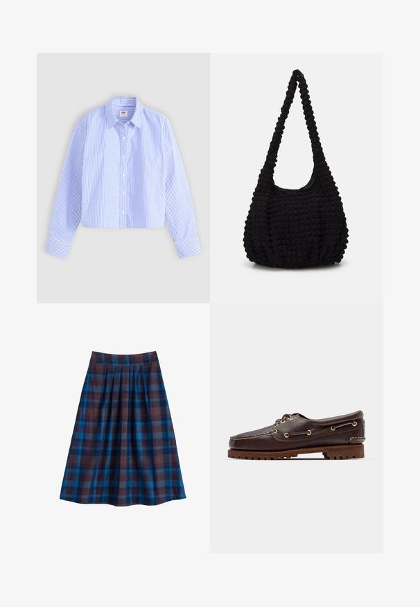 Gekürzte Shirt-Bluse mit blauen und weißen vertikalen Streifen und strukturiertem Finish, spitzem Kragen und einknöpfbaren Manschetten.; Blaue und braune kariertes Plisseerock mit hohem Bund, knielang, flach auf weißem Hintergrund präsentiert.; Braune Lederbootsschuhe mit goldenen Ösen, runden Schnürsenkeln und einer strukturierten braunen Gummisohle. Verfügt über genähte Details und ein erhabenes Logo.; Schwarze, strukturierte Stofftasche mit einem einzigen gedrehten Griff, die eine puffige Form und ein gerafftes Oberflächendesign aufweist.