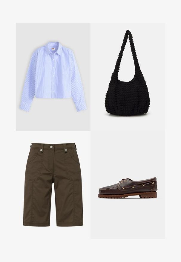 Cropmet skjorte med blå og hvide lodrette striber, struktureret finish, spidse kraver og enkeltknapmanchetter.; Brune stofshorts med to forlommer og to baglommer, dekoreret med sølvhardware ved taljen. Lige snit.; Brune læder bådsko med gyldne øjer, runde snørebånd og en struktureret brun gummisål. Har quiltede detaljer og et forhøjet logo.; Sort tekstureret stofpose med en enkelt snoet rem, der har en fyldig form og sammensnørt overfladedesign.