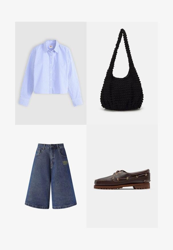 Cropped button-up shirt featuring blue and white vertical stripes with a textured finish, pointed collar, and single-button cuffs.; Denim shorts with a wide, loose fit in dark blue. Features yellow embroidered logo on the front and five pockets. Unfinished hem details.; Brown leather boat shoe with gold eyelets, round laces, and a textured brown rubber sole. Features stitched detailing and a raised logo.; Black textured fabric bag with a single twisted strap, featuring a puffy shape and gathered surface design.