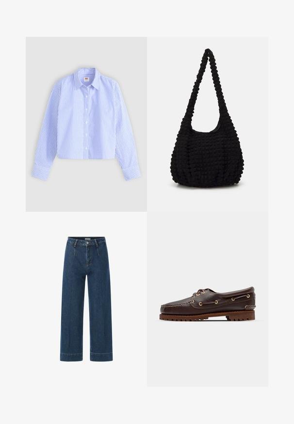 Kortärmad skjorta med blå och vita vertikala ränder och strukturerad yta, spetsig krage och en knapp vid ärmslut.; Mörkblå vida jeans med hög midja, dragkedja och knapp framtill, bälteshällor och synliga sömdetaljer.; Bruna lädersko med båtstil, guldögon, runda skosnören och en texturerad brun gummisula. Har sydda detaljer och en upphöjd logotyp.; Svart texturerad tygväska med en enda vriden rem, med en puffig form och samlad ytdesign.