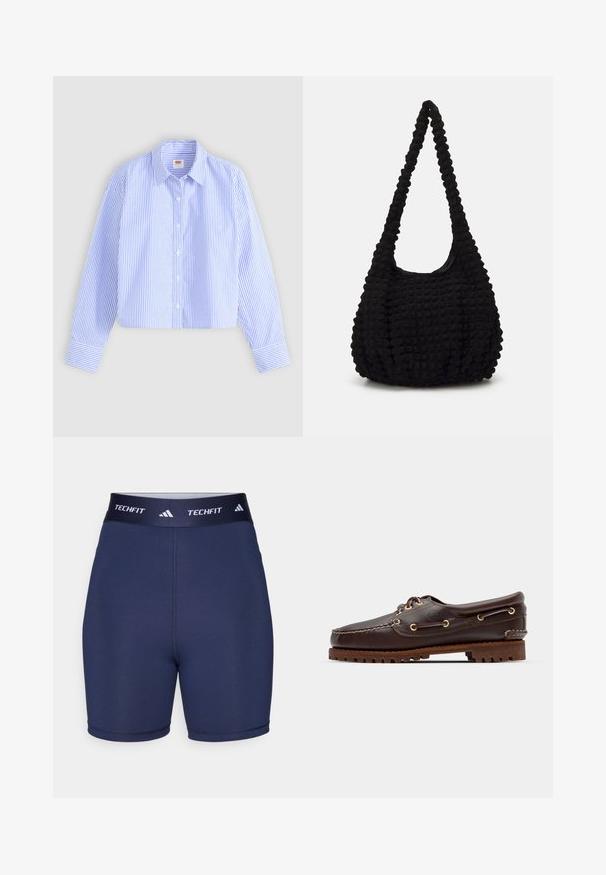 Chemise courte à boutons avec des rayures verticales bleues et blanches, finition texturée, col pointu et poignets à un bouton.; Shorts de sport bleu marine avec une texture lisse, ceinture élastique portant le logo "TECHFIT" et trois bandes, design ajusté, coutures minimales.; Bateau en cuir marron avec des œillets dorés, des lacets ronds et une semelle en caoutchouc marron texturée. Présente des détails de couture et un logo en relief.; Sac en tissu noir texturé avec une seule sangle torsadée, présentant une forme dodue et un design de surface froncé.