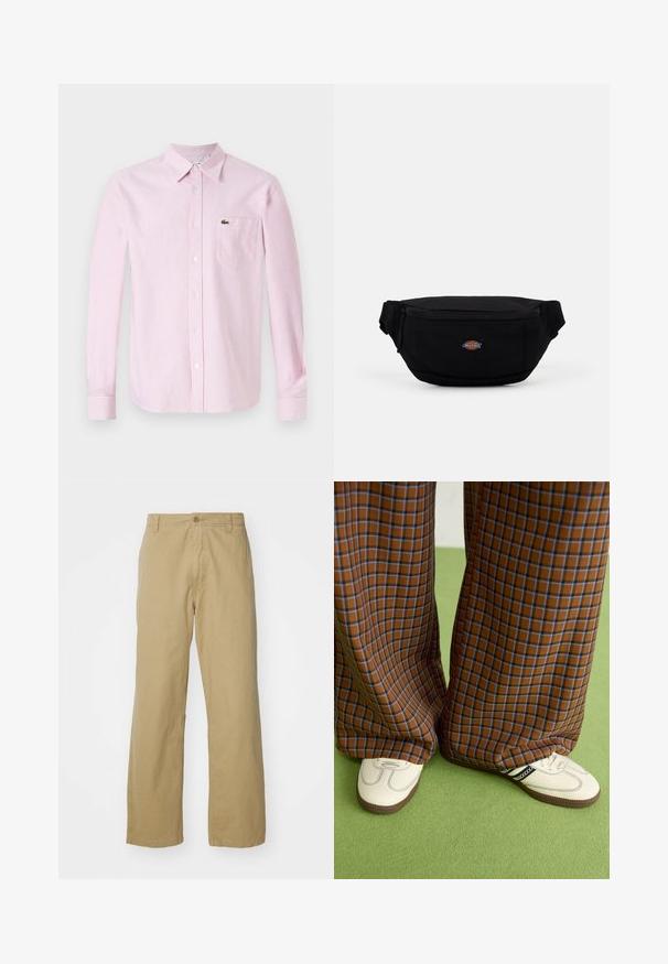 Košulja dugih rukava u ružičastim i bijelim vertikalnim prugama. Ima ovratnik, gumbe sprijeda i mali zeleni logo na džepu na grudima.; Khaaki pamučne hlače ravnog kroja s prednjim kopčanjem na gumb i bočnim džepovima. Glatka, čvrsta tekstura.; Smeđe i plave karirane široke hlače uparene s bijelim cipelama s crnim akcentima i teksturiranim potplatom, na zelenoj pozadini.; Crni materijalni fanny pack s zatvaračem na munje, s malim brendiranim logotipom sprijeda. Kompaktni, zaobljeni dizajn s podesivim trakama.